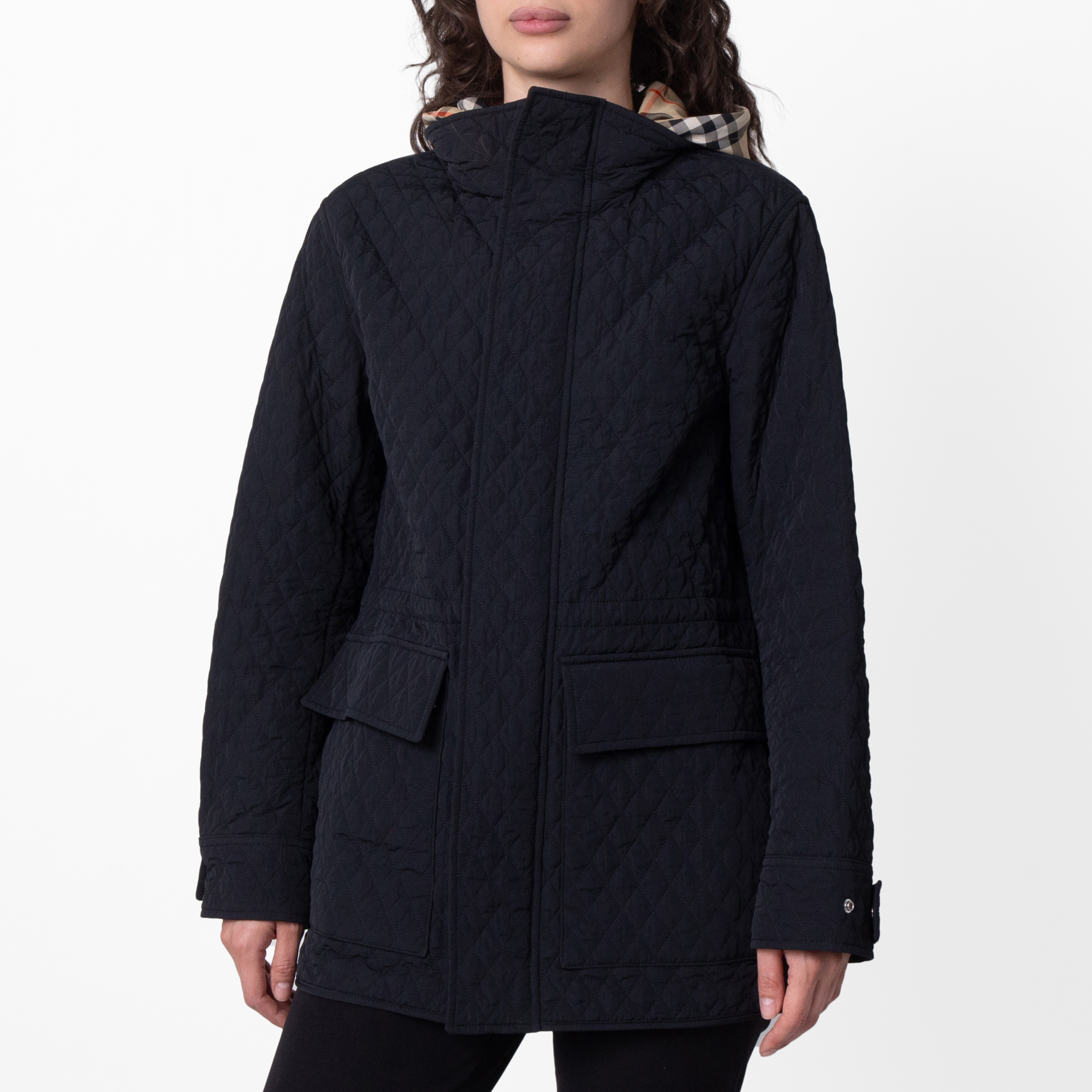 Burberry Check-Pattern Hooded Diamond Quilted Jacket, Size X-Small