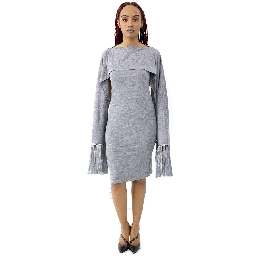 Shop Burberry Cloud Grey Merino Wool Sleeveless Dress With Fringed Capelet