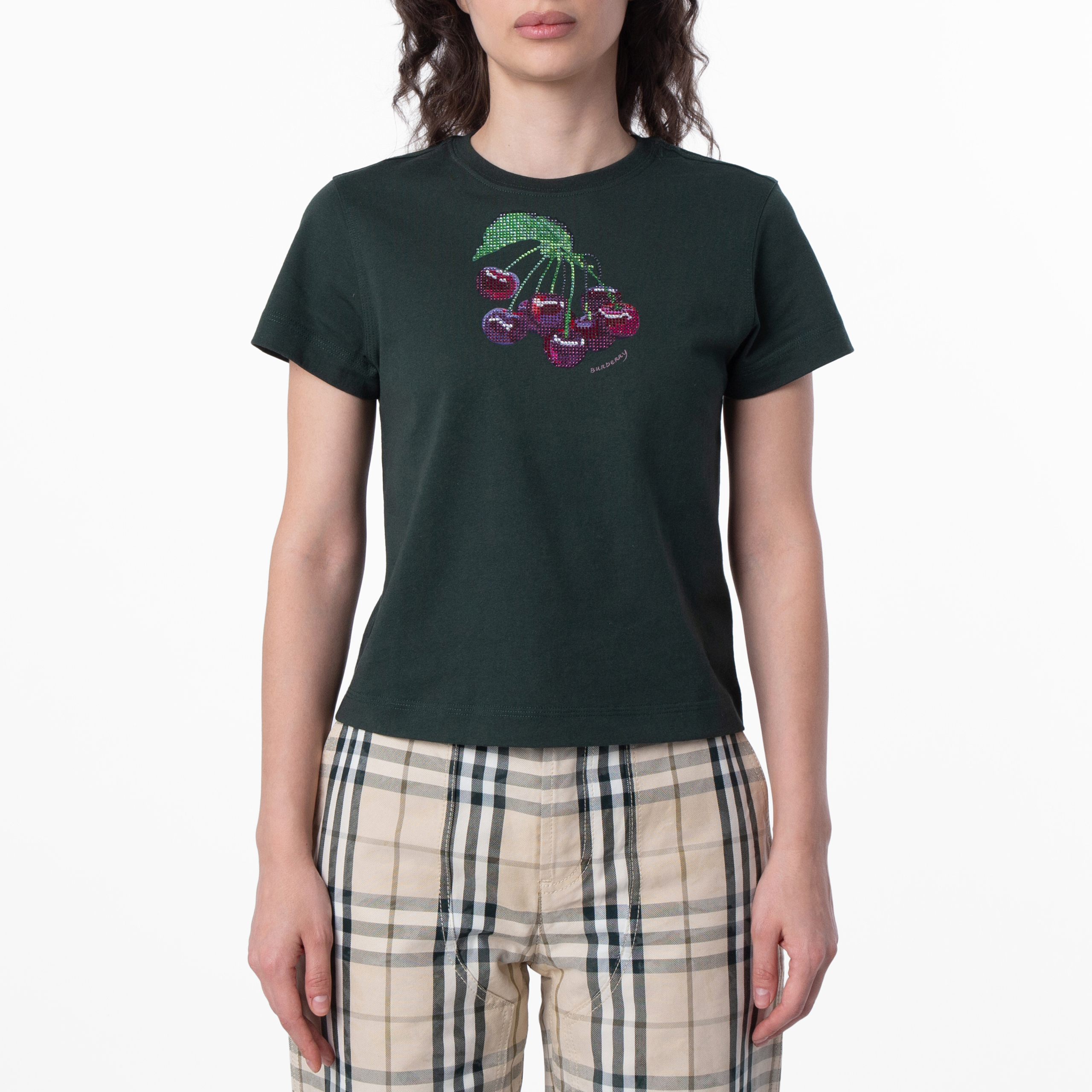 Burberry Crystal-Embellished Cherry Cotton T-Shirt, Size X-Small