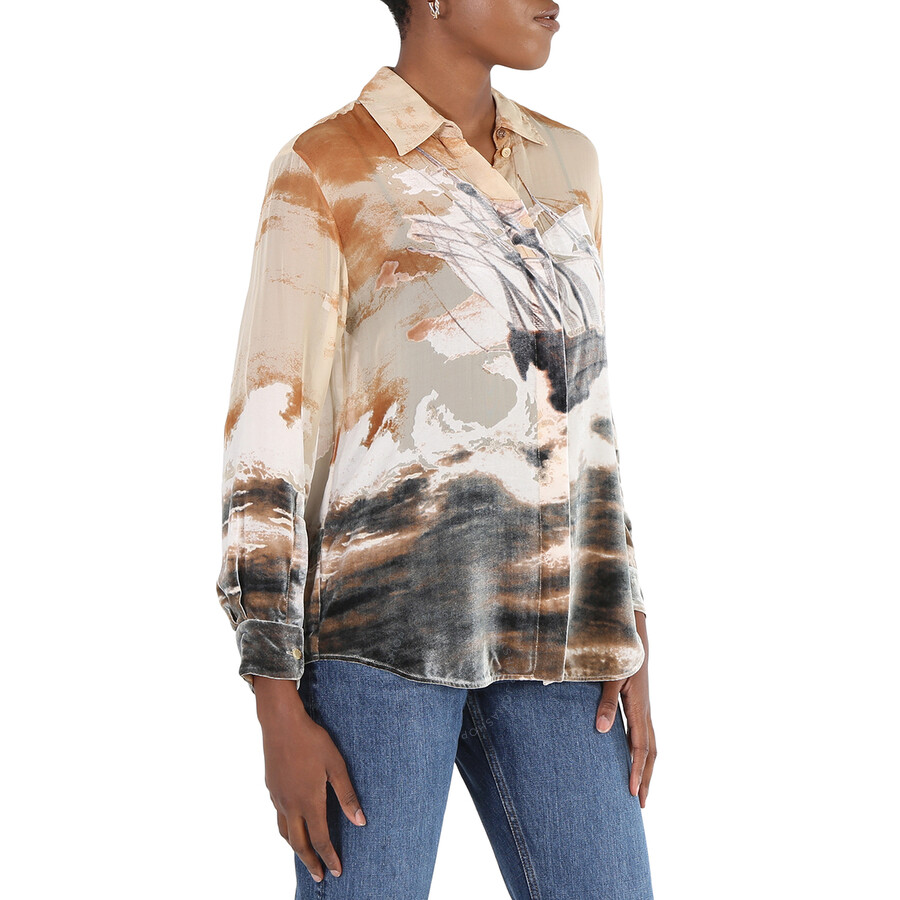 Shop Burberry Debore Silk Blend Sheep Print Oversized Shirt In Bronze