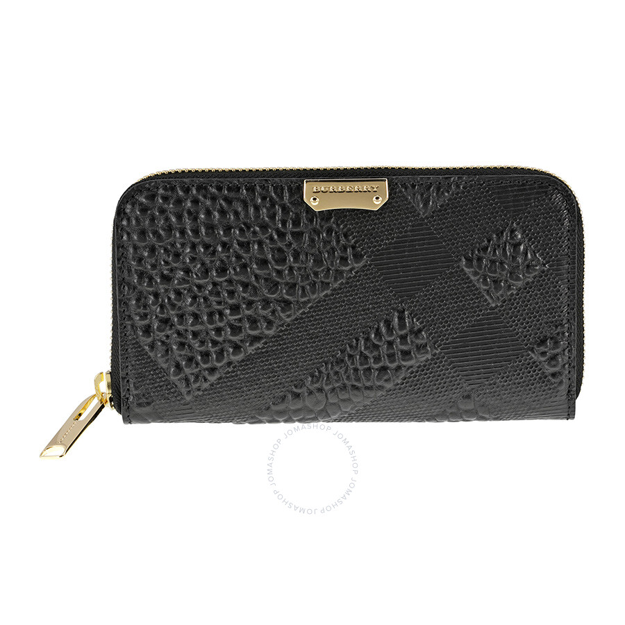 Burberry Embossed Check Leather Zip Around Wallet - Black 3949892 ...