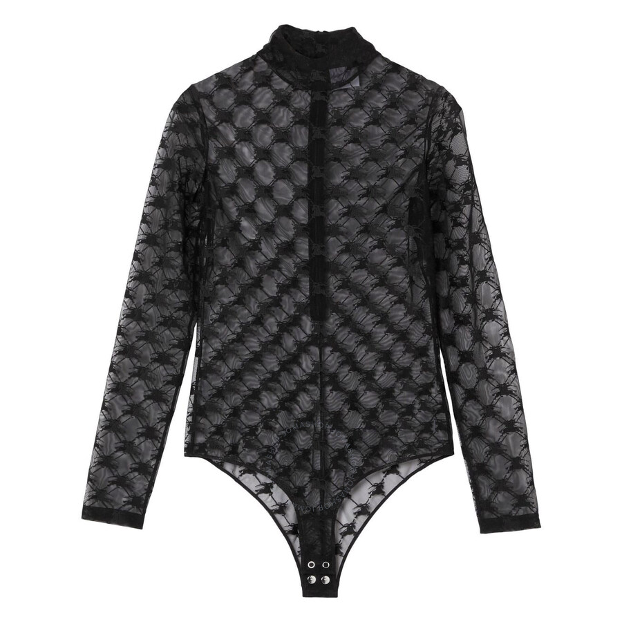 Burberry Equestrian Knight Stretch Tulle Bodysuit In Black