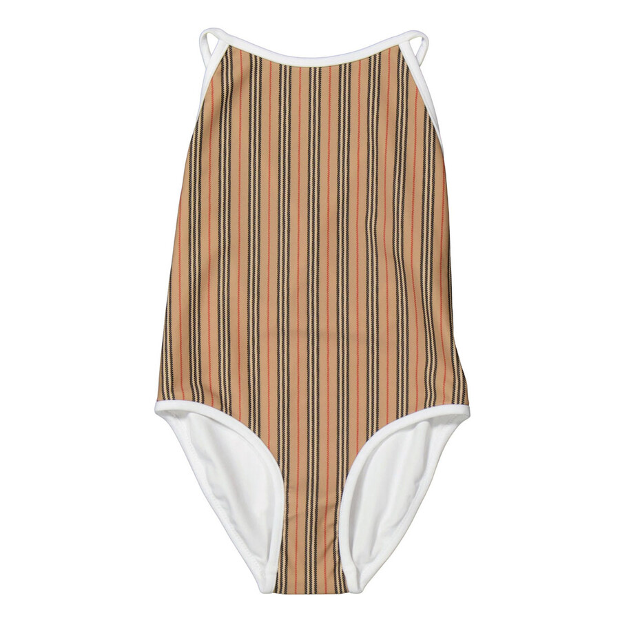 Burberry Kids'  Girls Archive Beige Sandie Icon Stripe One-piece Swimsuit In Brown