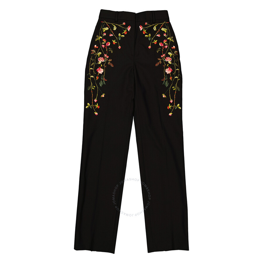 Burberry Kiana Floral Embroidered Wool-blend Pants In Black
