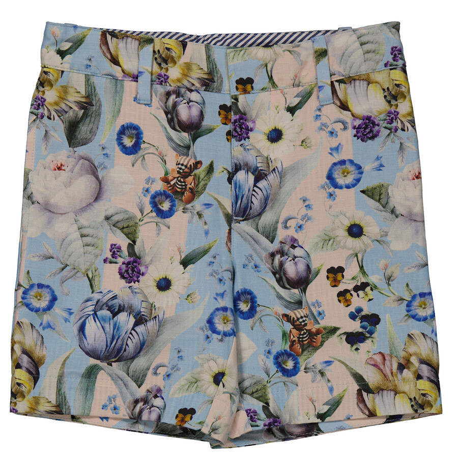 Shop Burberry Kids All-over Floral Print Linen Tailored Shorts In Beige