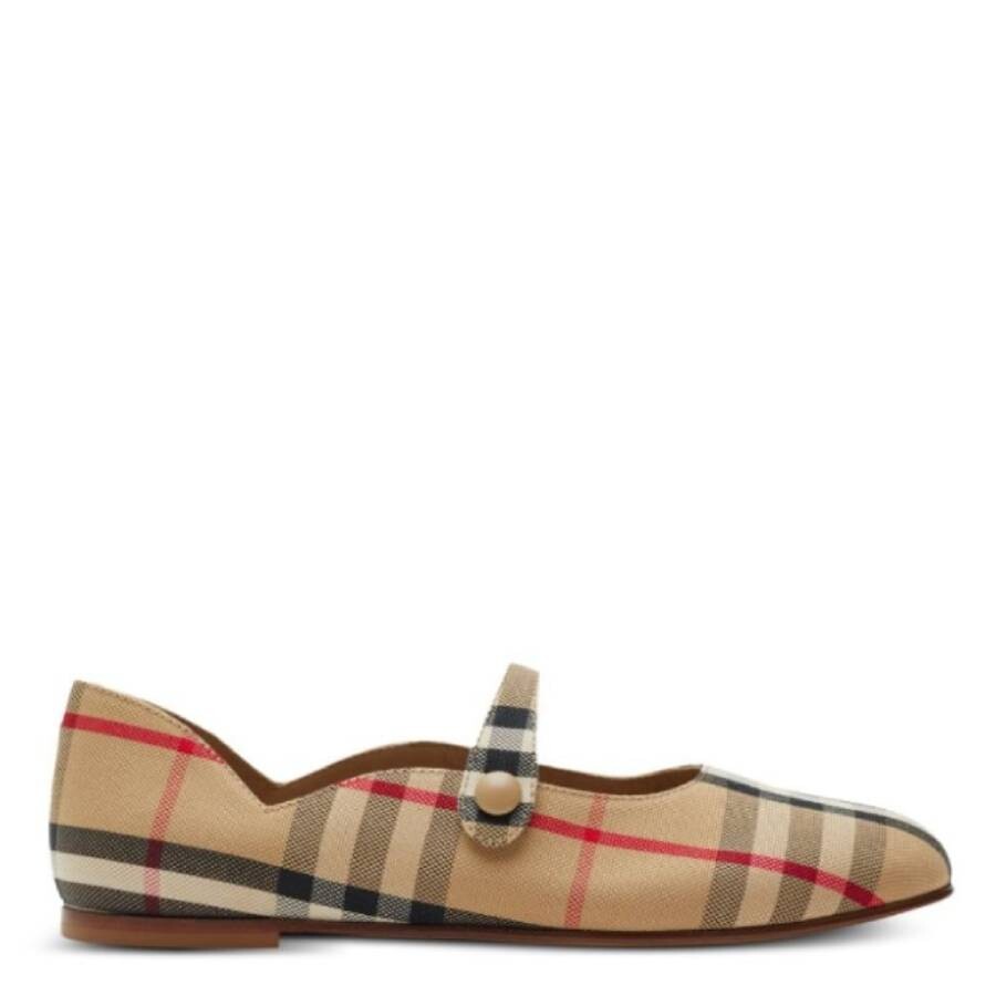 Burberry Kids Checked Mary Jane Round Toe Flats In Brown