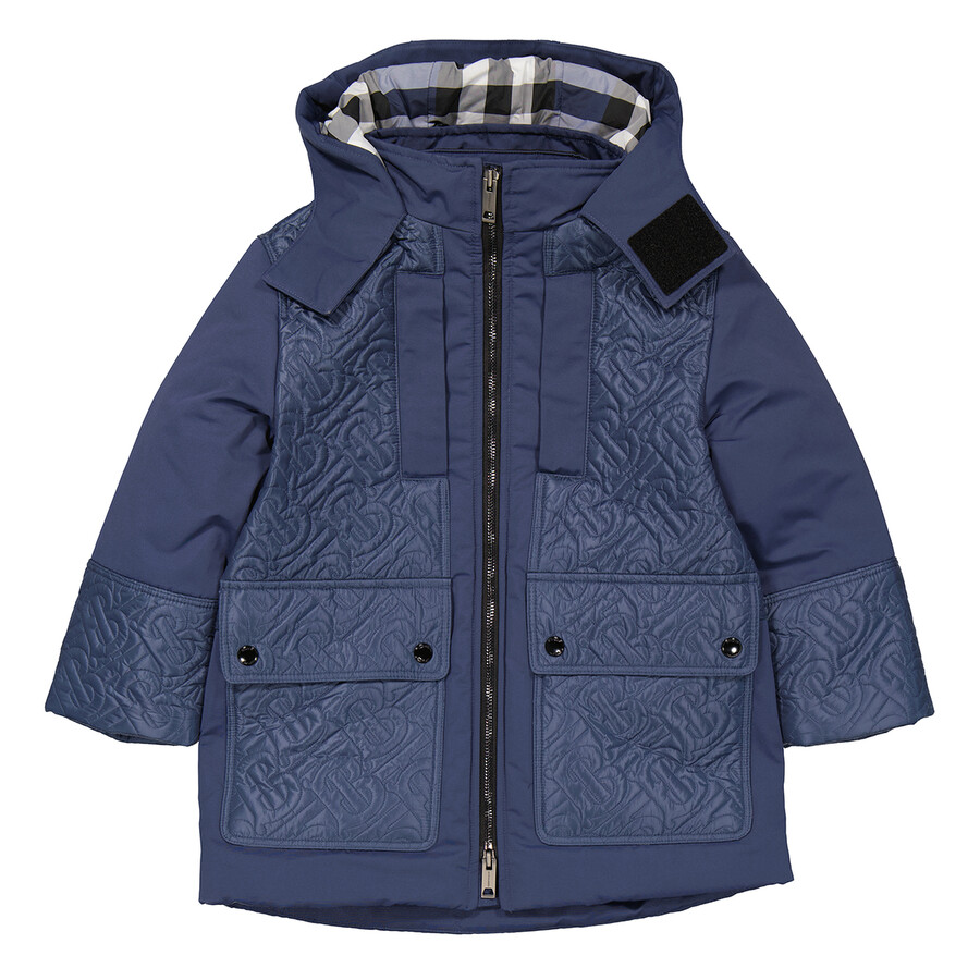 Burberry Kids Pebble Blue 3In1 Delford Monogram Quilted Hooded Jacket