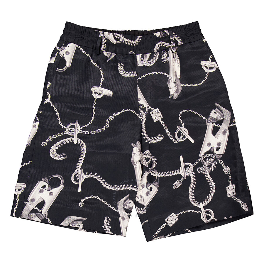 Burberry Chain Link-printed Knee-length Shorts In Silver Tone/black