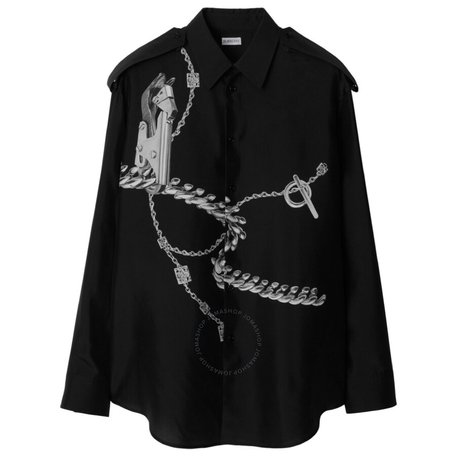 Burberry Oversize Chain Print Silk Poplin Button-up Shirt In Silver Tone/black