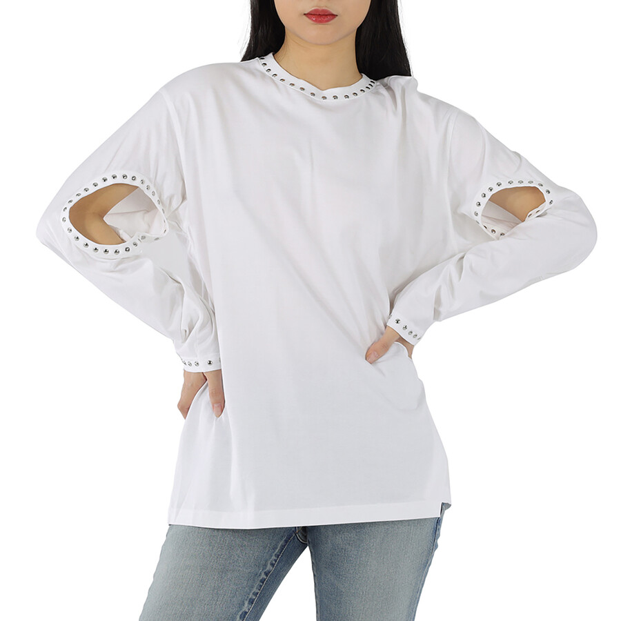 Shop Burberry Ladies Ashbury White Cut-out Detail Studded Top