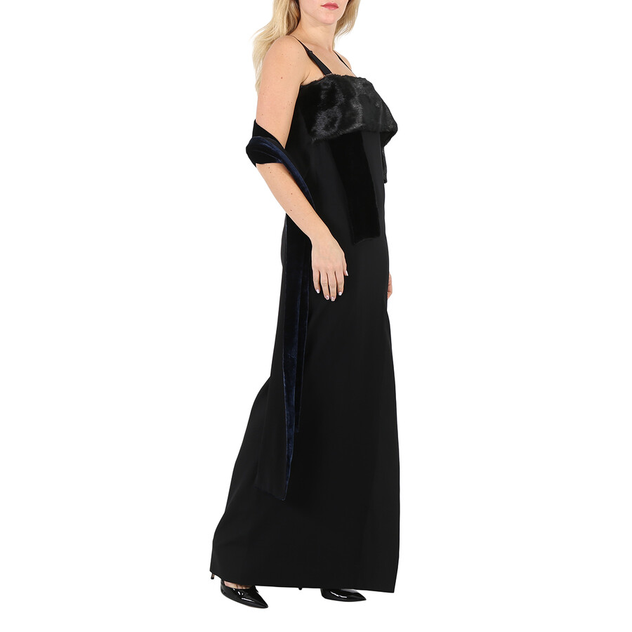Burberry Ladies Black Faux Fur Detailing Split Velvet Dress In Black