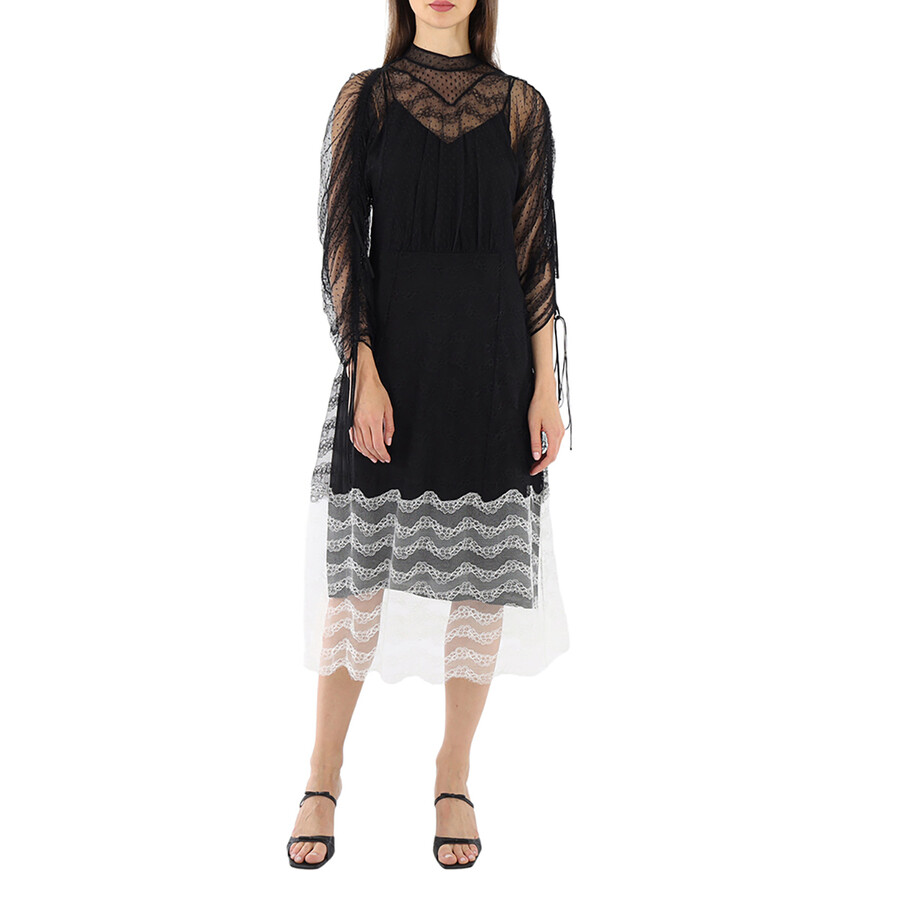 Ladies Black Geometric Lace Dress With Gathered-sleeves