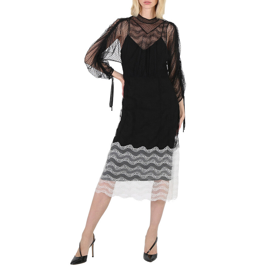 Ladies Black Geometric Lace Dress With Gathered-sleeves