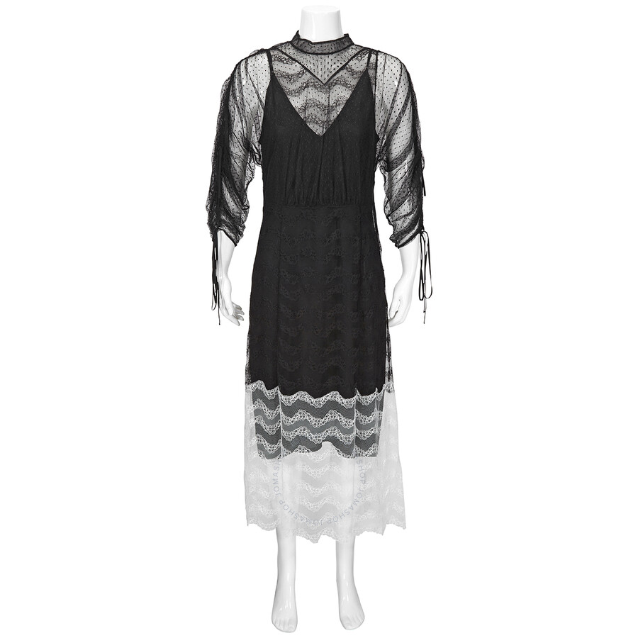 Burberry Ladies Black Geometric Lace Dress With Gathered-sleeves In Black