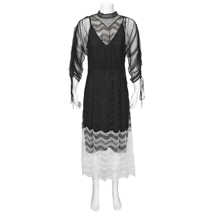 Shop Burberry Ladies Black Geometric Lace Dress With Gathered-sleeves