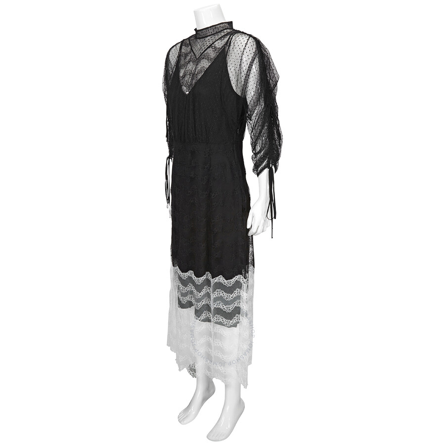 Shop Burberry Ladies Black Geometric Lace Dress With Gathered-sleeves