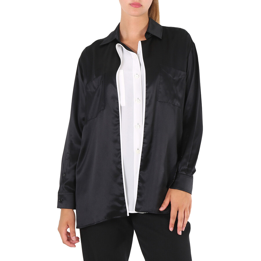 Ladies Black Logo Applique Silk Satin Long Sleeve Shirt