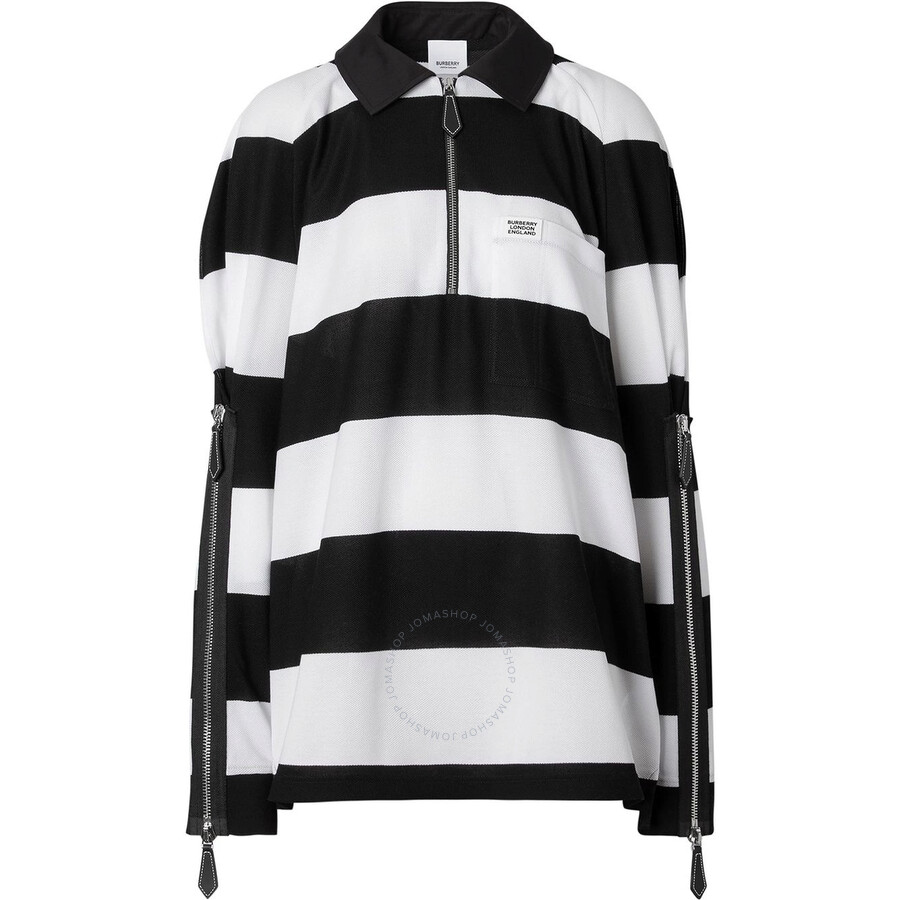 Burberry Ladies Black Pattern Zip Detail Striped Pique Cotton Loose Fit Rugby Shirt In Black