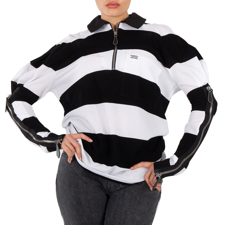 Ladies Black Pattern Zip Detail Striped Pique Cotton Loose Fit Rugby Shirt, Size XX-Small
