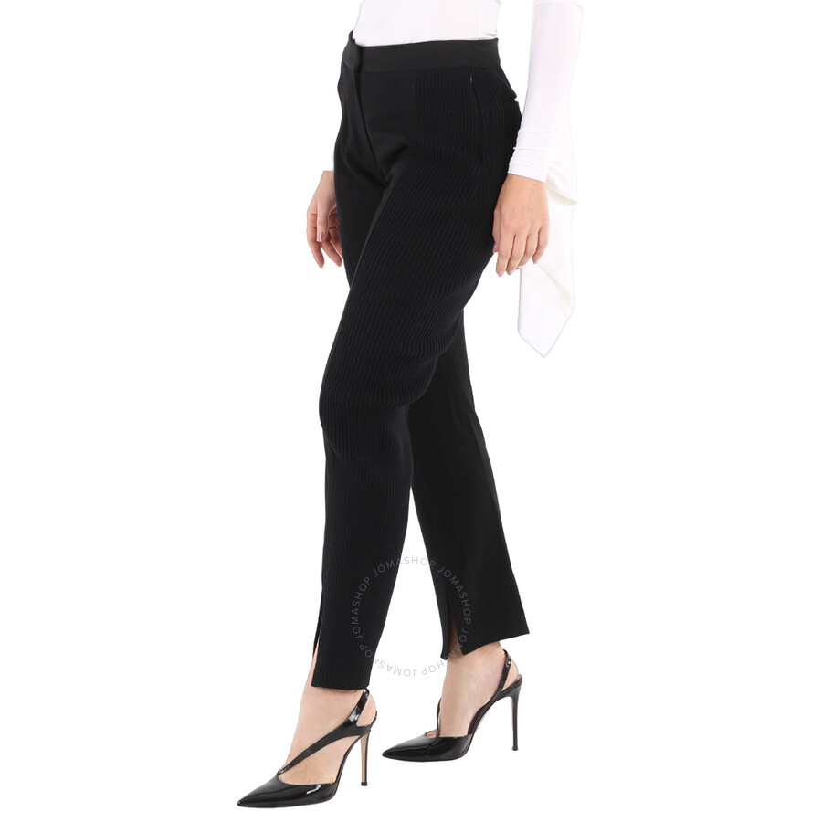 Shop Burberry Ladies Black Ribbed-panel Flared Wool Trousers