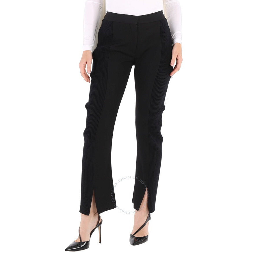 Shop Burberry Ladies Black Ribbed-panel Flared Wool Trousers