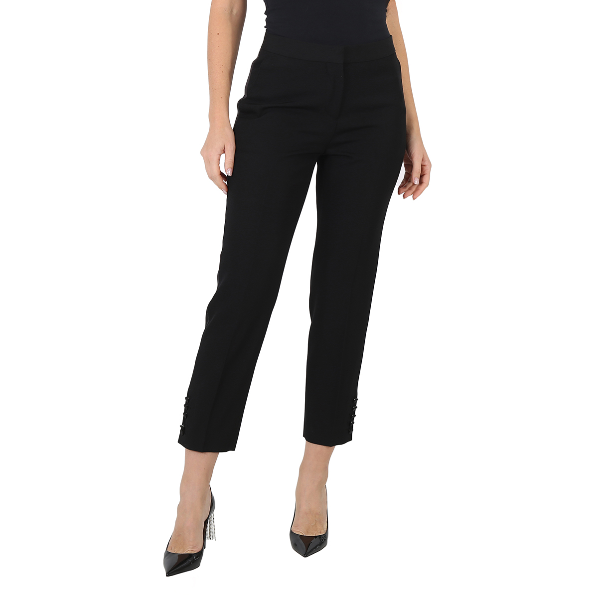 Burberry Ladies Black Satin Stripe Wool Tailored Trousers, Brand 