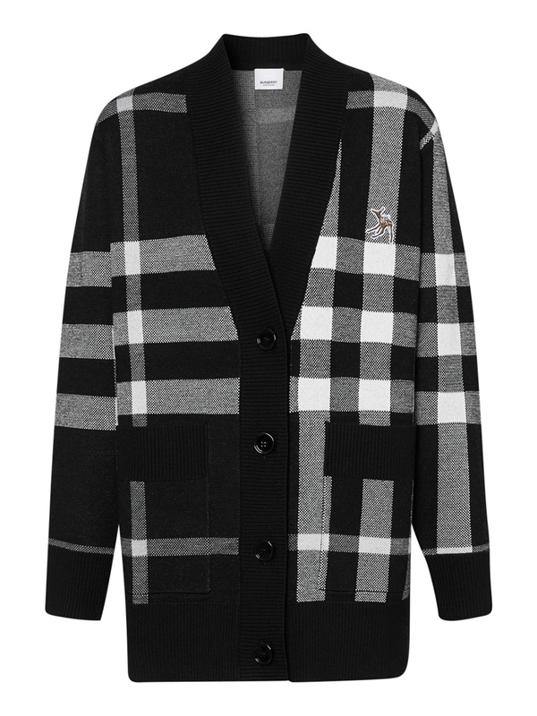 Burberry Ladies Black Thea Deer Motif Check Wool Blend Cardigan