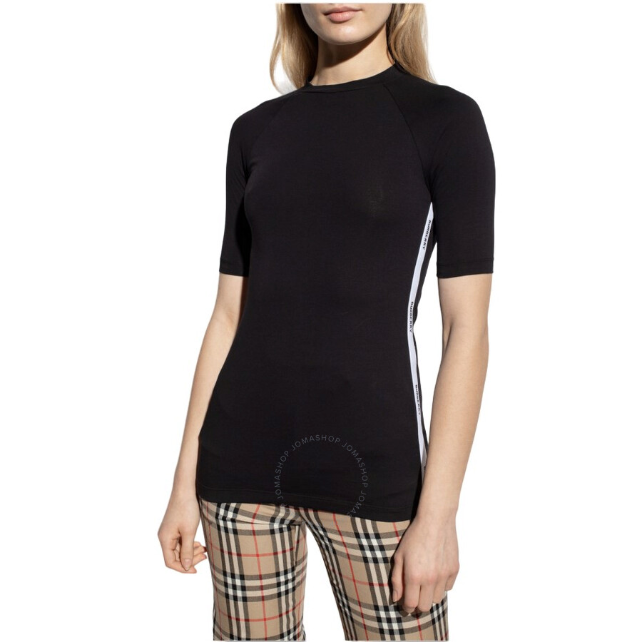 Burberry Ladies Black Thora Logo Tape Stretch-cotton T-shirt In Black