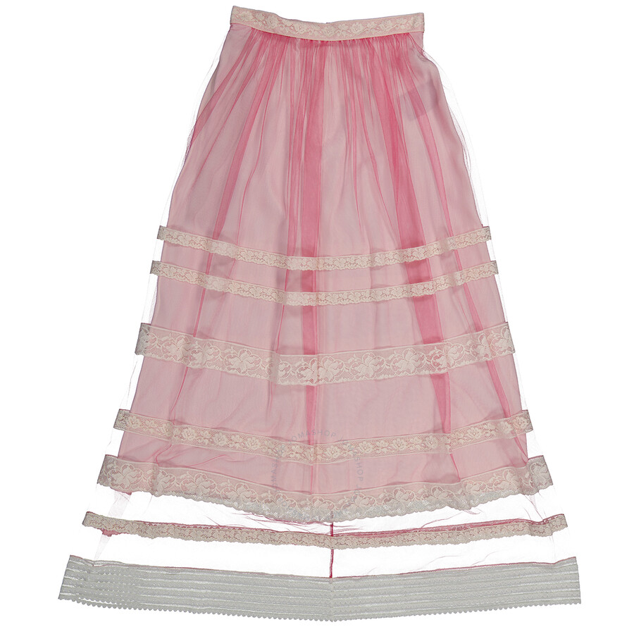 Burberry Ladies Bright Pink Floral Lace-trim Tulle Maxi Skirt In Bright Pink