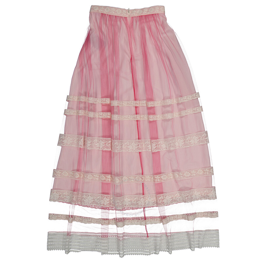 Shop Burberry Ladies Bright Pink Floral Lace-trim Tulle Maxi Skirt