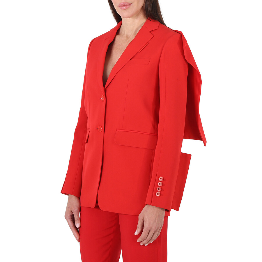 Shop Burberry Ladies Bright Red Grain De Poudre Wool Panel Detail Tailored Blazer Jacket