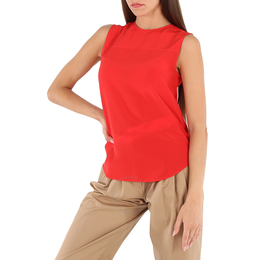 Burberry Ladies Bright Red Sleeveless Silk Crepe De Chine Top In Bright Red