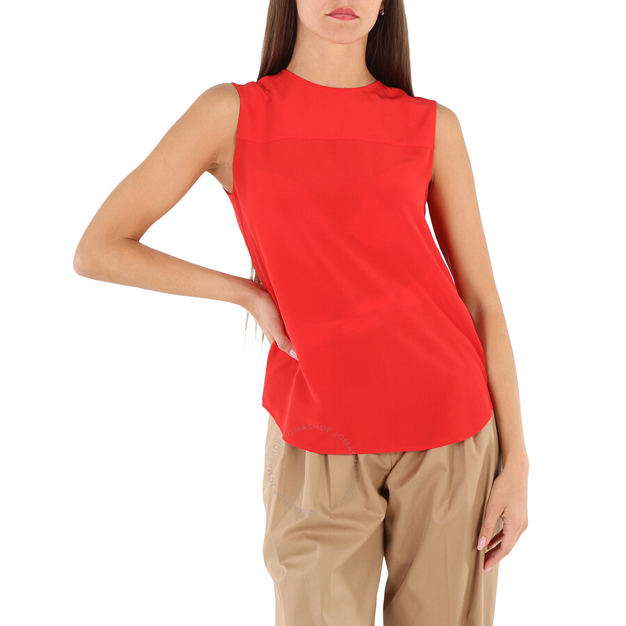Burberry Ladies Bright Red Sleeveless Silk Crepe De Chine Top In Bright Red