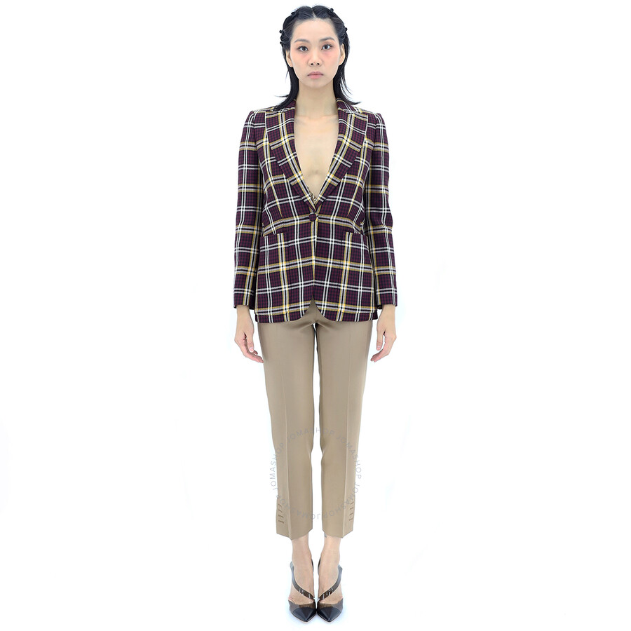 Shop Burberry Ladies Burgundy Check Wool Twill Blazer In Burgundy Chk