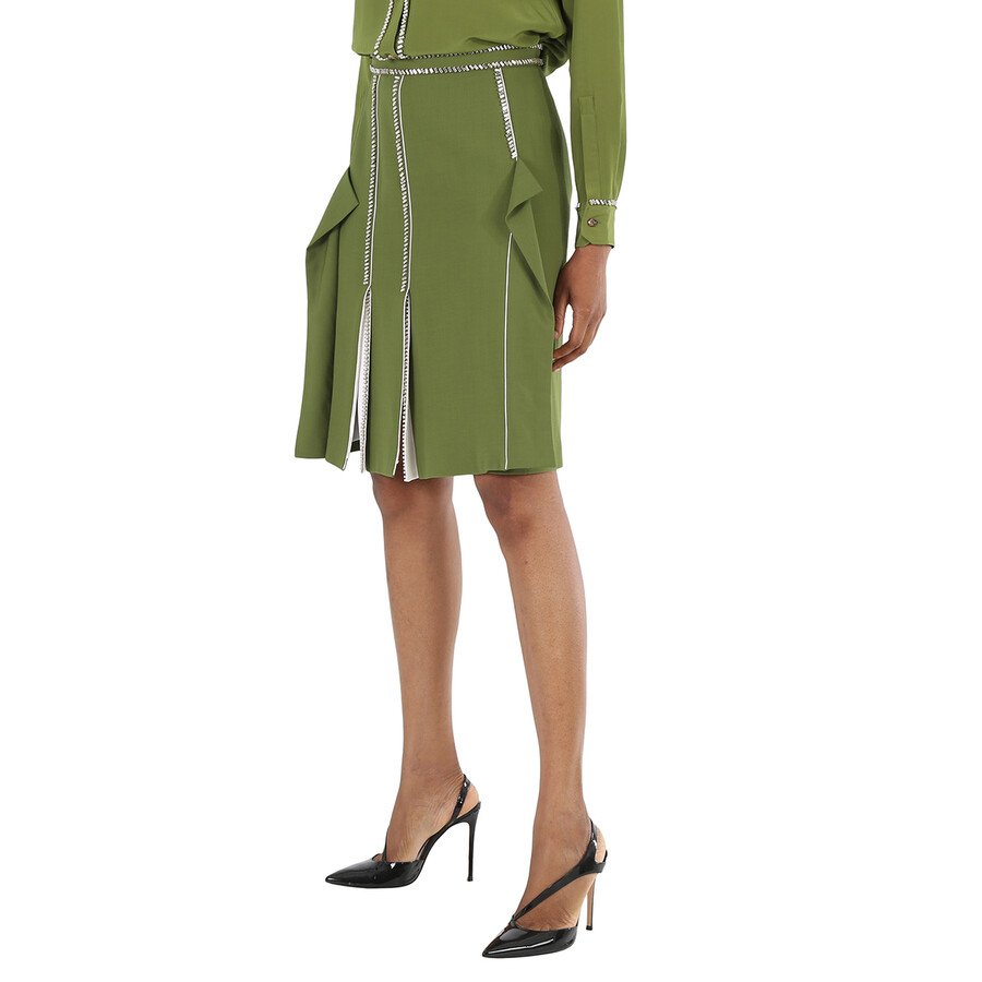 Shop Burberry Ladies Cedar Green Crystal Detail Panelled Wool-crepe A-line Skirt