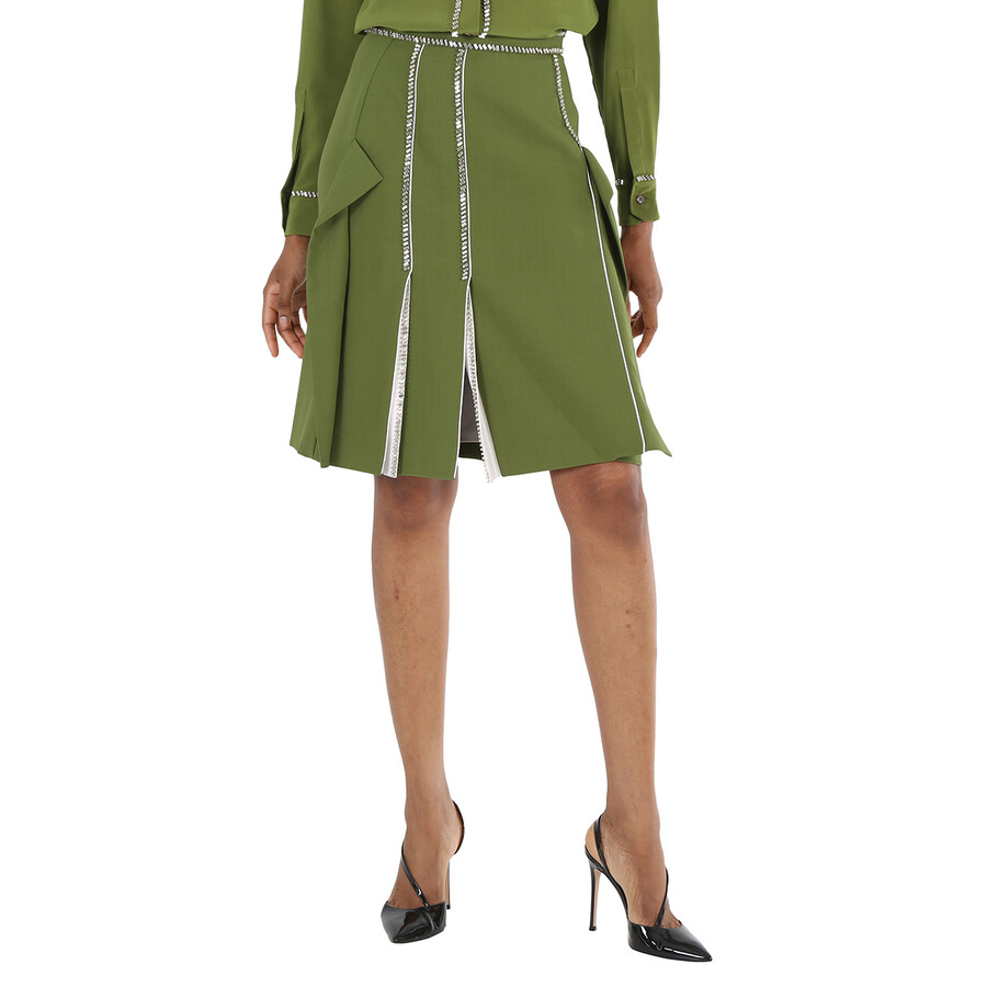 Shop Burberry Ladies Cedar Green Crystal Detail Panelled Wool-crepe A-line Skirt