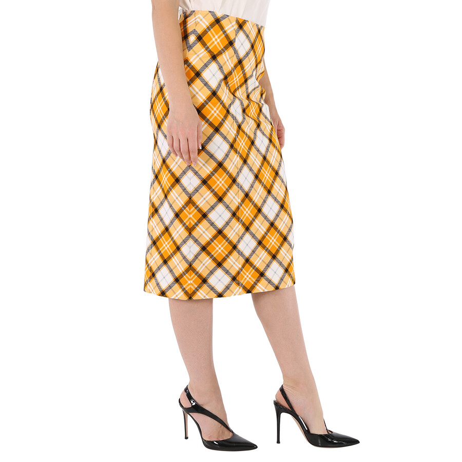 Shop Burberry Ladies Citrus Orange Check Print Stretch Jersey Pencil Skirt