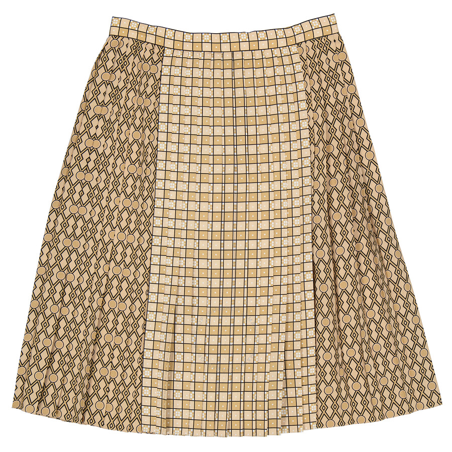 Shop Burberry Ladies Contrast Graphic Print Pleated Skirt In Latte