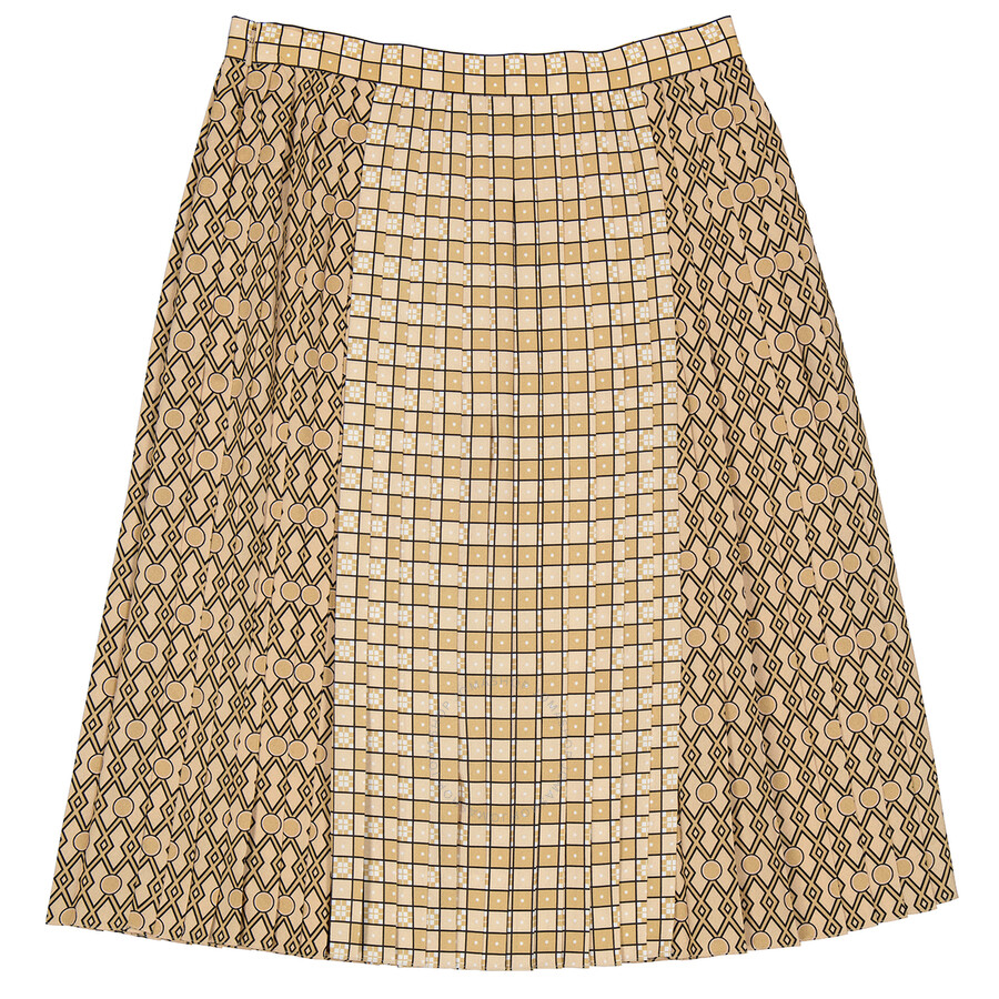 Burberry Ladies Contrast Graphic Print Pleated Skirt In Latte