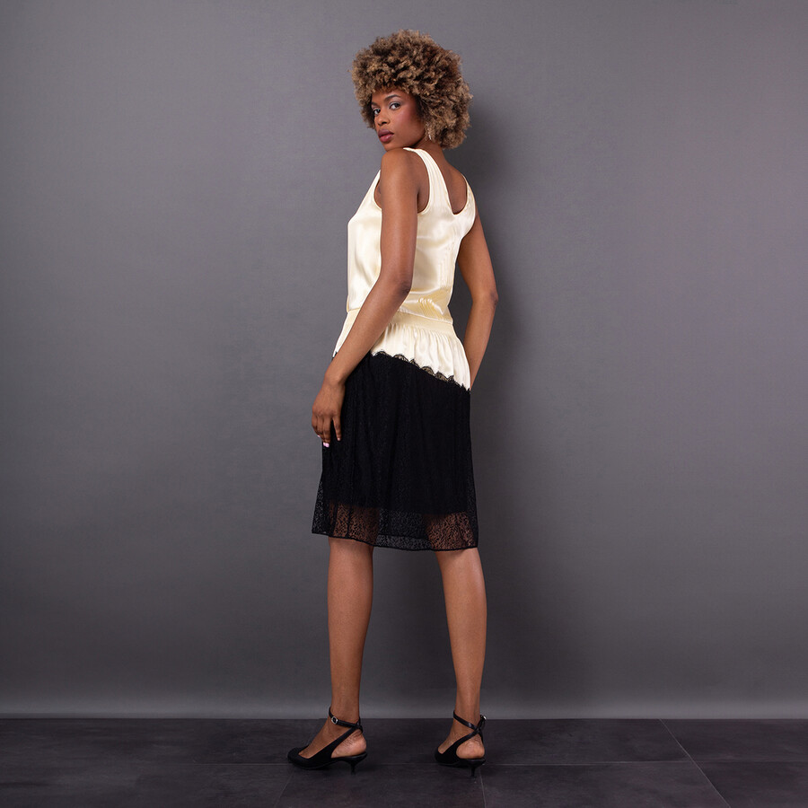 Ladies Cream Silk Satin And Lace Sleeveless Dress