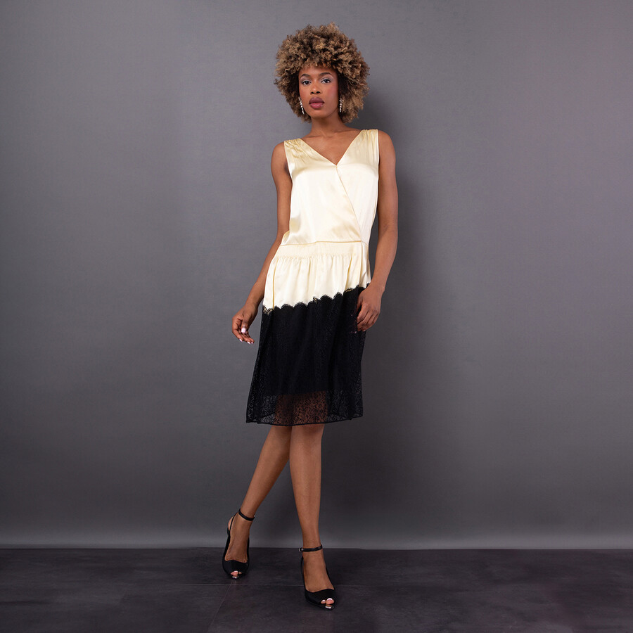 Ladies Cream Silk Satin And Lace Sleeveless Dress