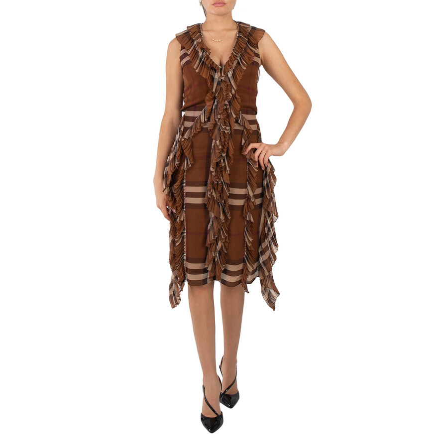 Ladies Dark Birch Brow Pleated Ruffle Detail Check Silk Georgette Dress