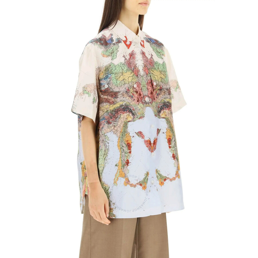Burberry Ladies Fionn Silk Map Print Bowling Shirt In Blue