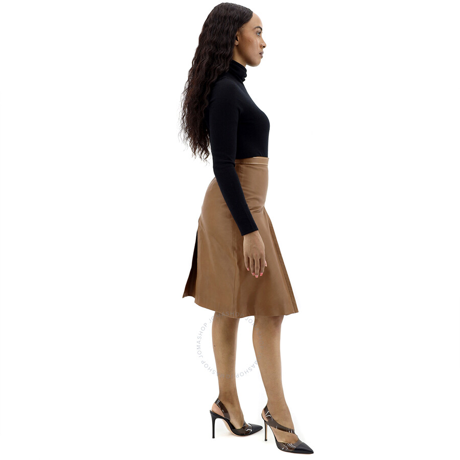Burberry Ladies Flaxseed Box Pleat Detail Leather A-line Skirt In Flaxseed