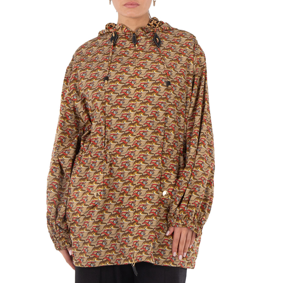 Ladies Honey Beige Tiger Print Lightweight Hooded Jacket, Brand Size 10 (US Size 8)