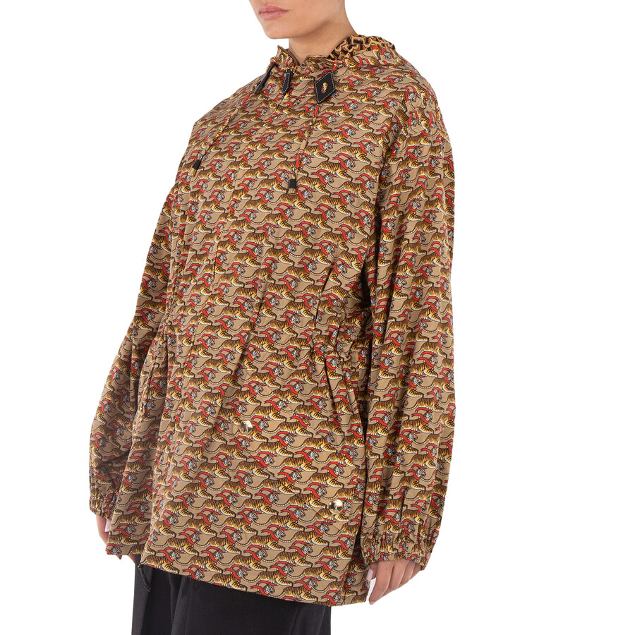 Burberry Ladies Honey Beige Tiger Print Lightweight Hooded Jacket In Yellow/beige