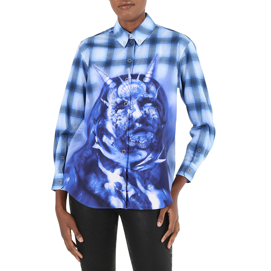 Burberry Ladies Ink Blue Sea Maiden Print Plaid Shirt, Brand