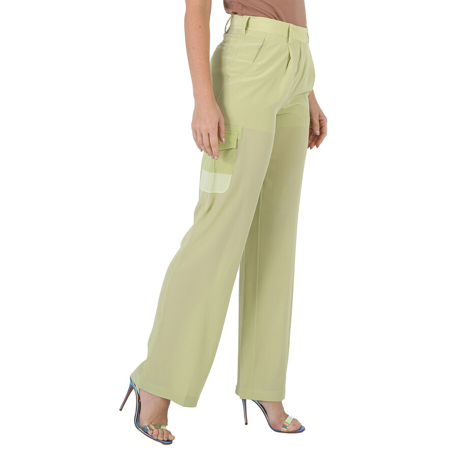 Shop Burberry Ladies Mist Green Nell Mid-rise Silk Crepe De Chine Cargo Trousers