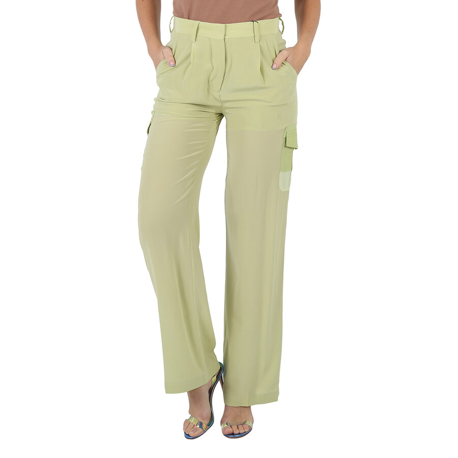 Shop Burberry Ladies Mist Green Nell Mid-rise Silk Crepe De Chine Cargo Trousers