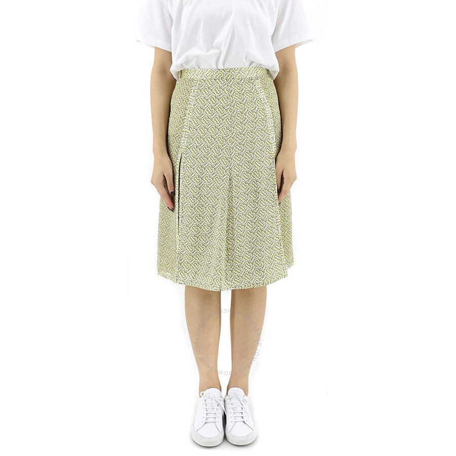 Shop Burberry Ladies Monogram Print Silk Pleated Skirt In Pale Yellow Ip Pttn